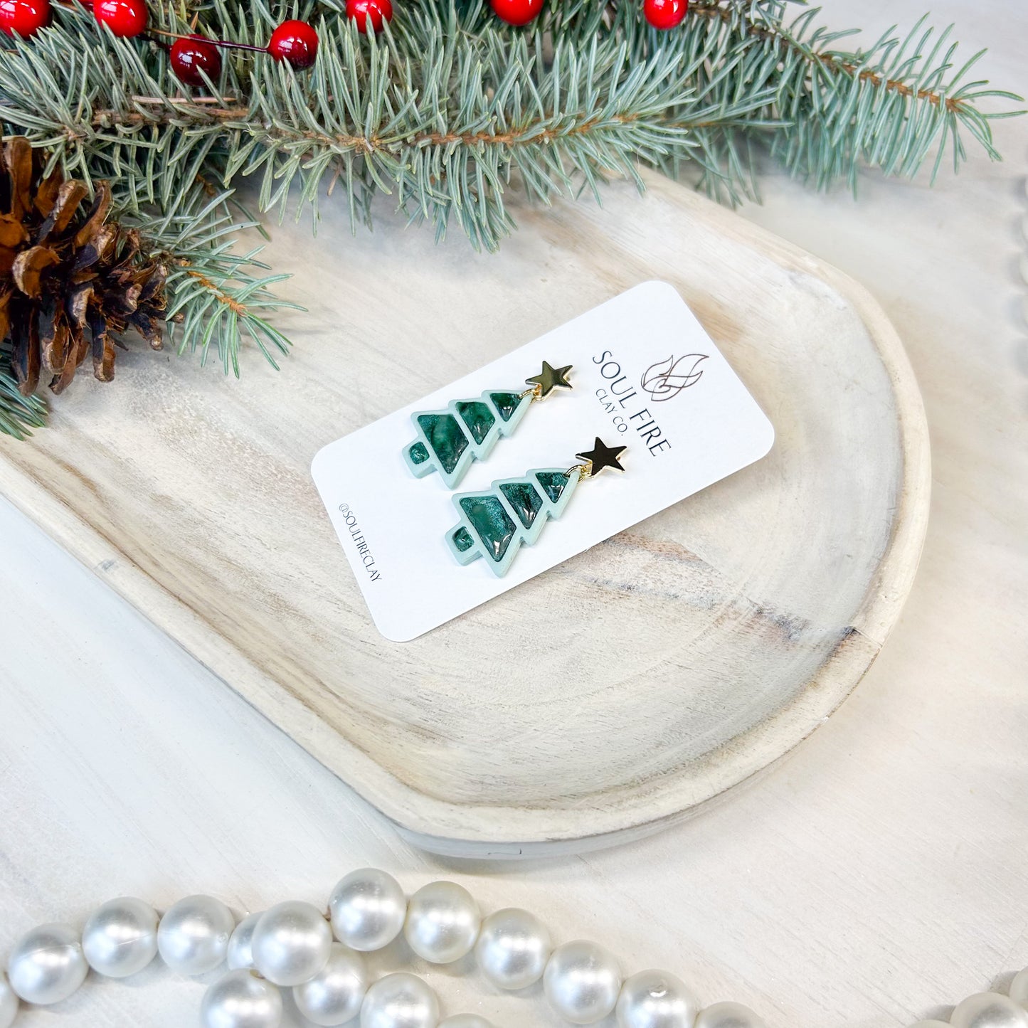 Layered Marbled Green Tree - Christmas Statement Earrings