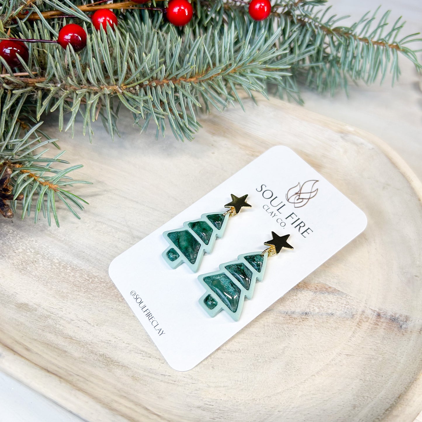 Layered Marbled Green Tree - Christmas Statement Earrings