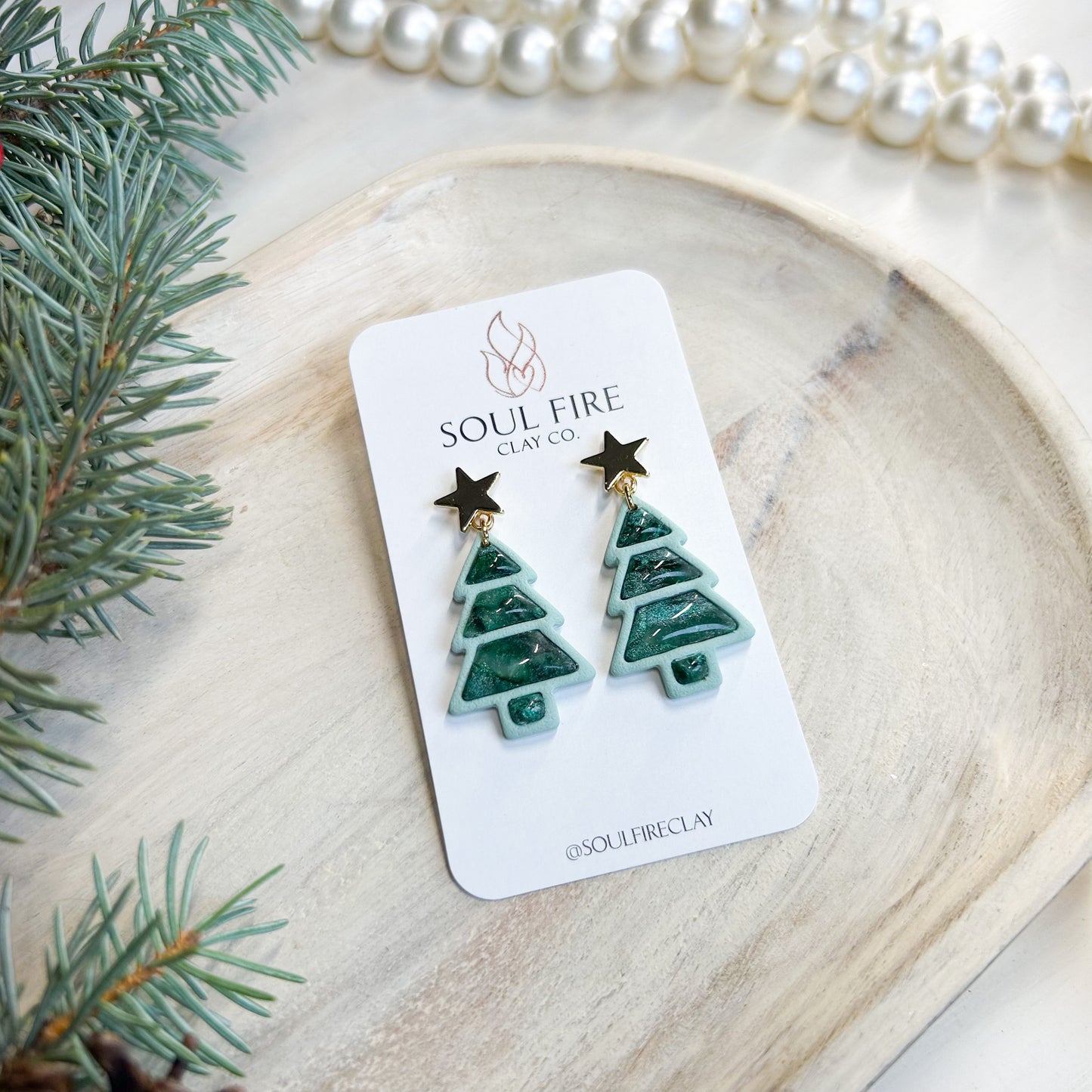 Layered Marbled Green Tree - Christmas Statement Earrings