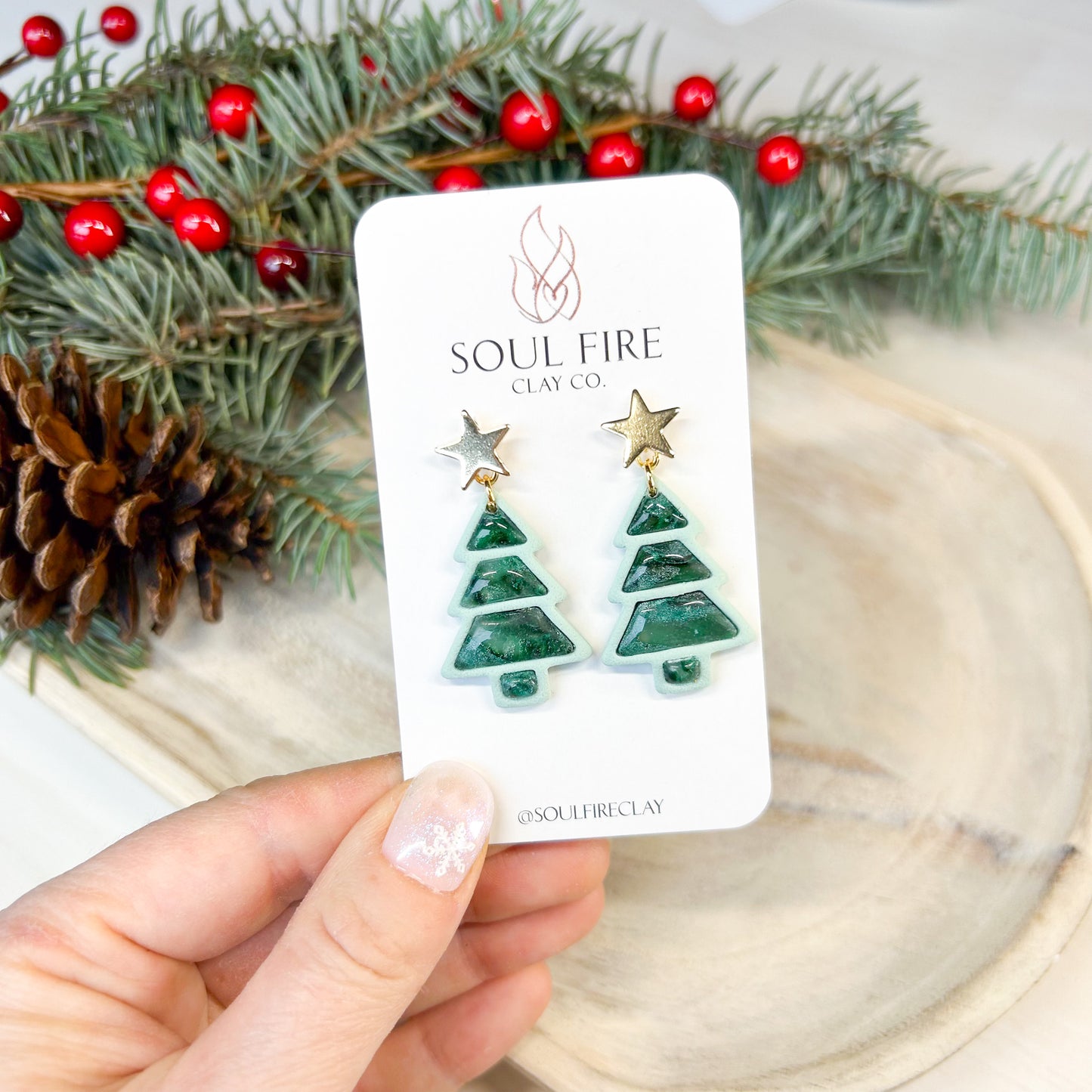 Layered Marbled Green Tree - Christmas Statement Earrings