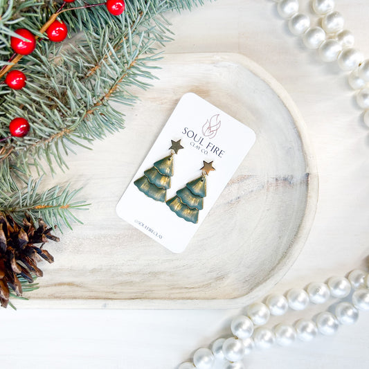 Puffy Green & Gold Tree - Christmas Statement Earrings