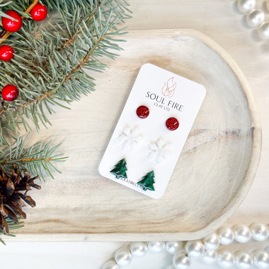 Tree, Snowflake, Red Bling - Stud Trio - Christmas Statement Earrings