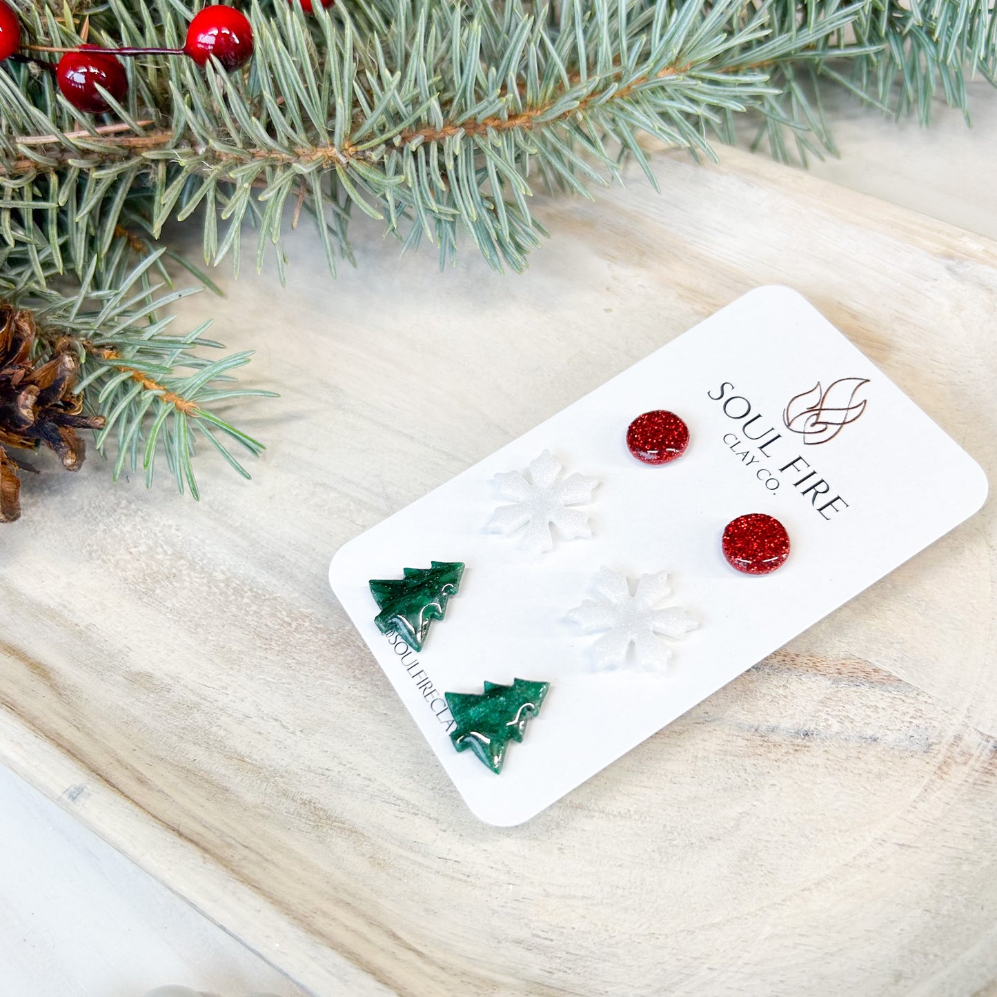 Tree, Snowflake, Red Bling - Stud Trio - Christmas Statement Earrings