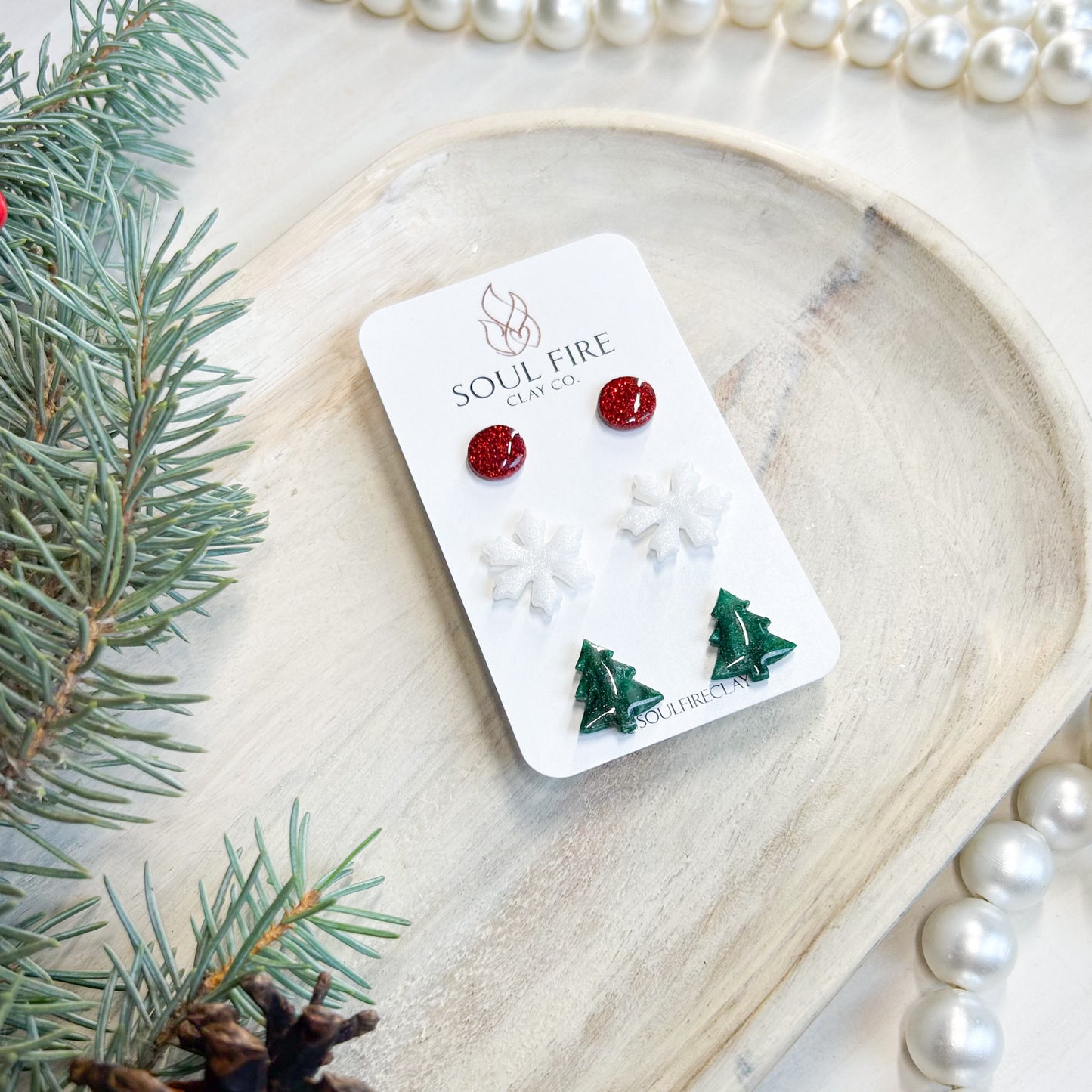 Tree, Snowflake, Red Bling - Stud Trio - Christmas Statement Earrings