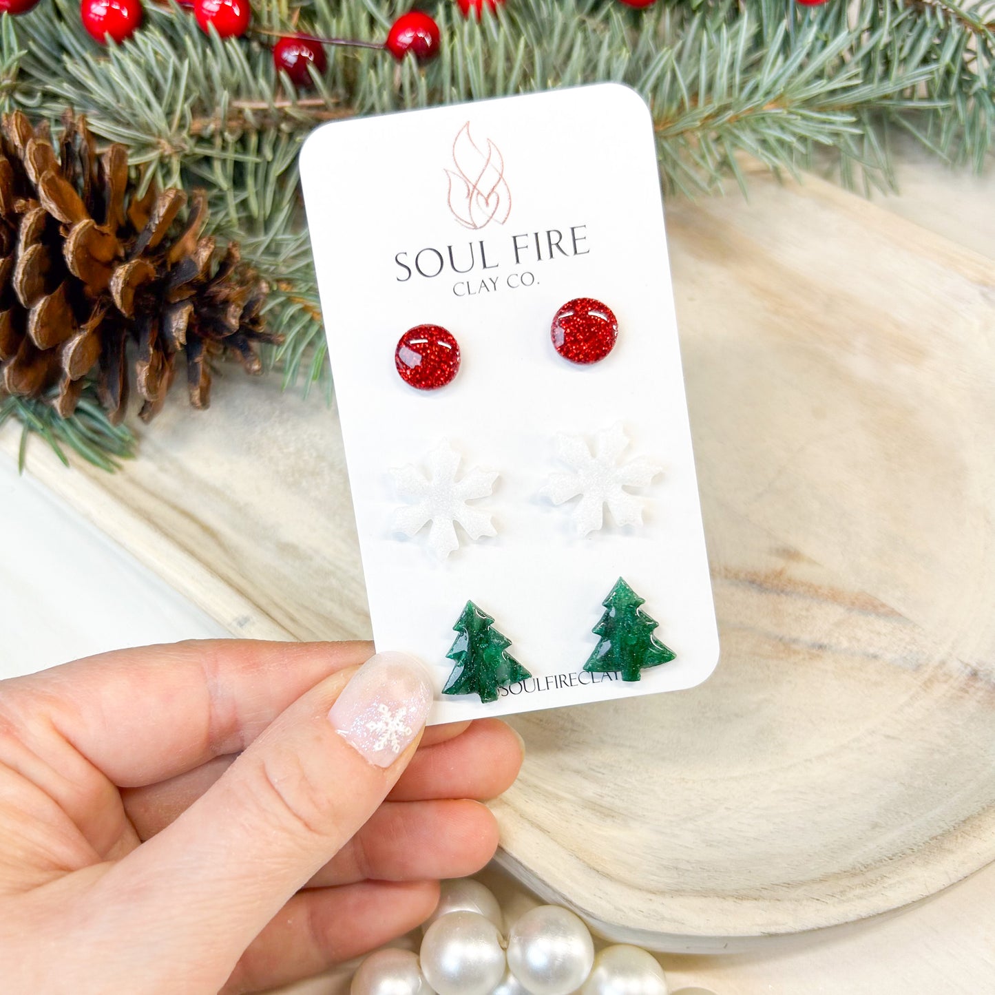 Tree, Snowflake, Red Bling - Stud Trio - Christmas Statement Earrings