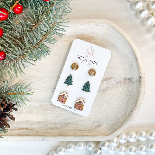 Gingerbread House, Green Tree, Gold Bling - Stud Trio - Christmas Statement Earrings