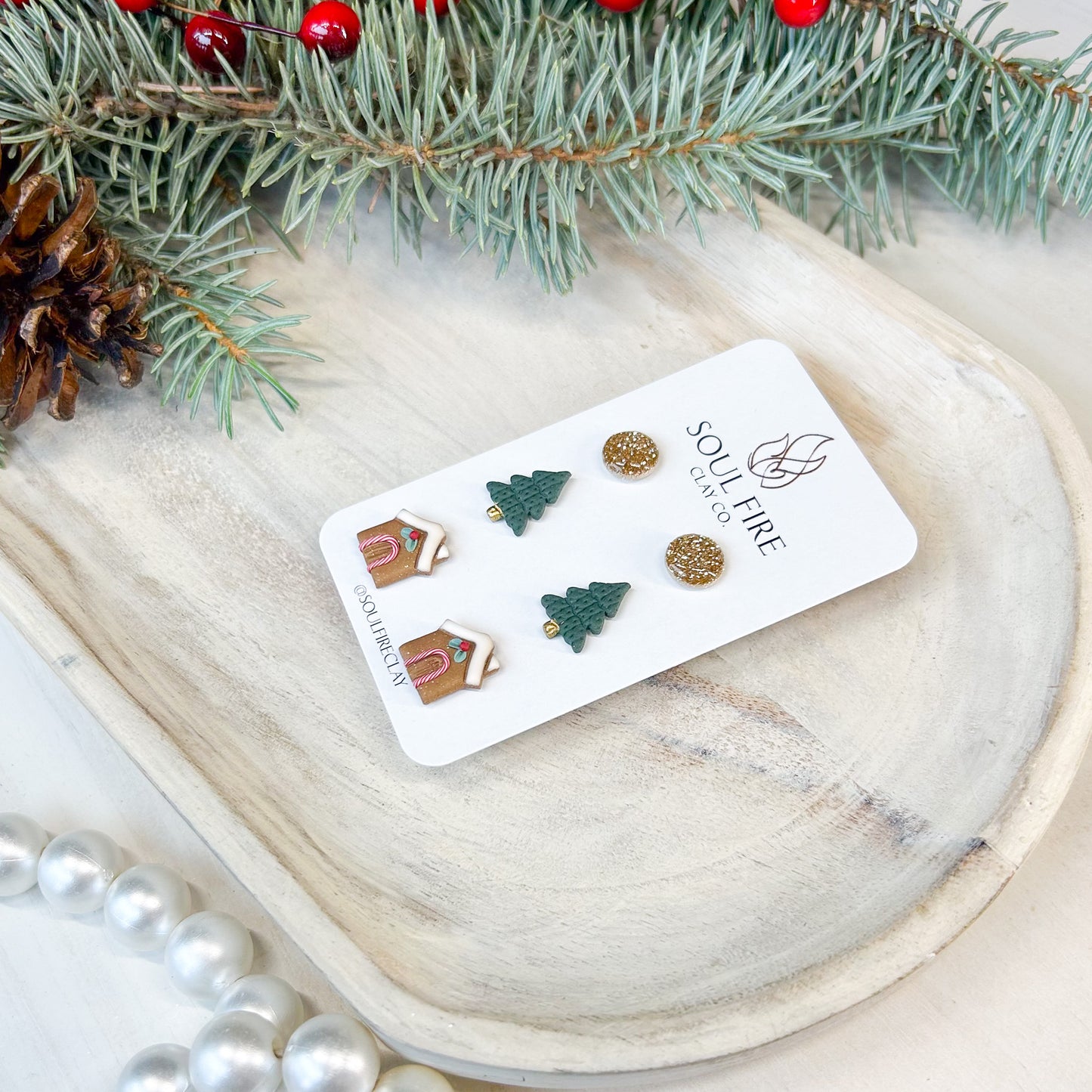 Gingerbread House, Green Tree, Gold Bling - Stud Trio - Christmas Statement Earrings