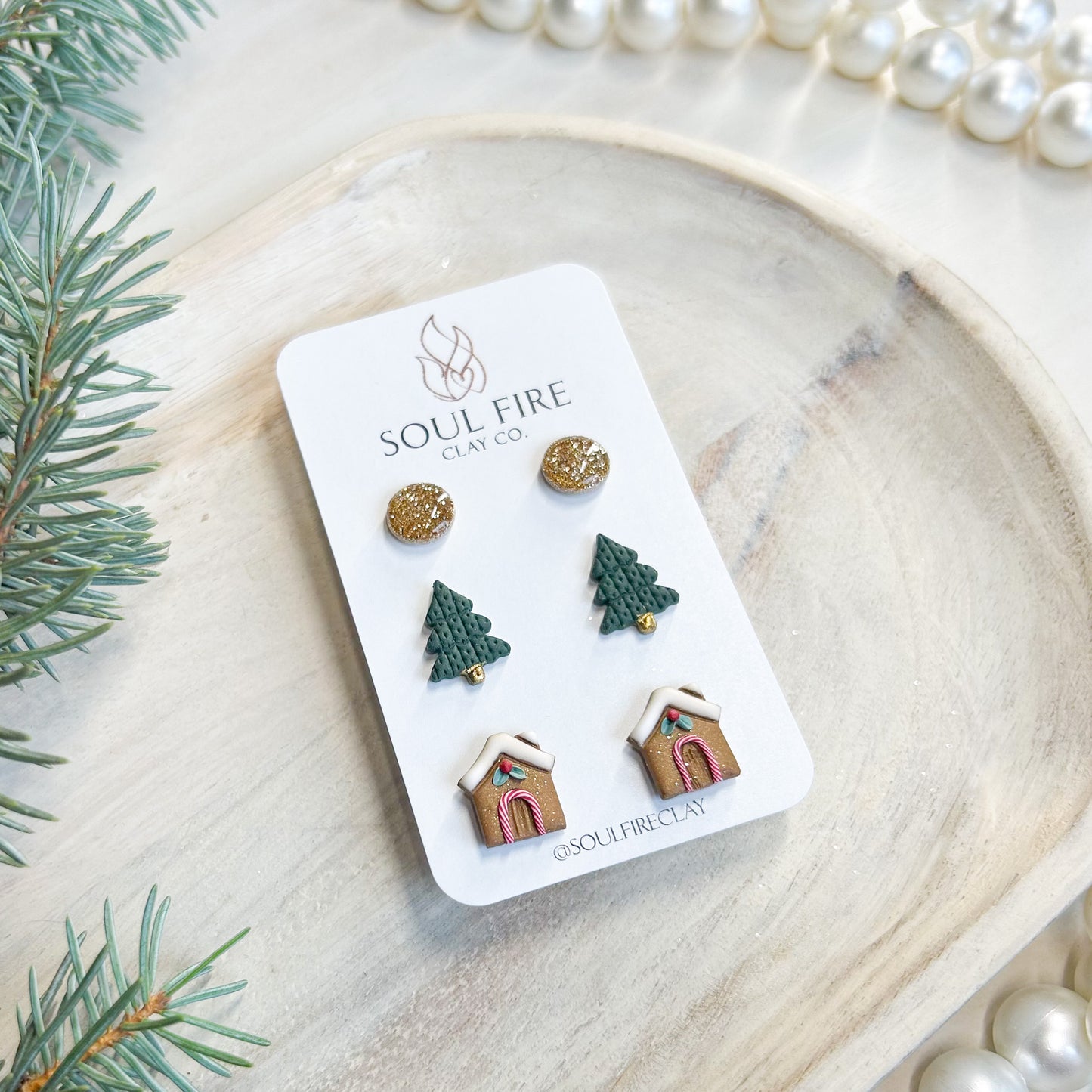 Gingerbread House, Green Tree, Gold Bling - Stud Trio - Christmas Statement Earrings