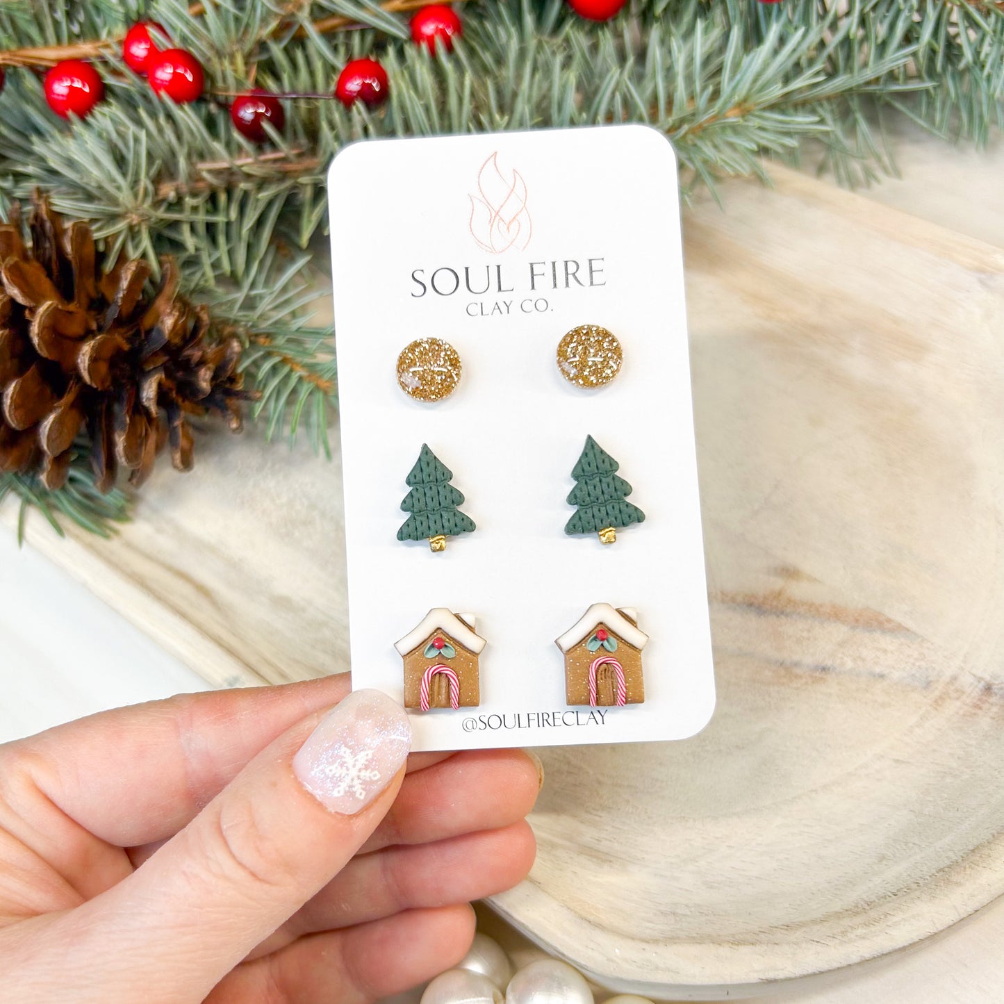 Gingerbread House, Green Tree, Gold Bling - Stud Trio - Christmas Statement Earrings