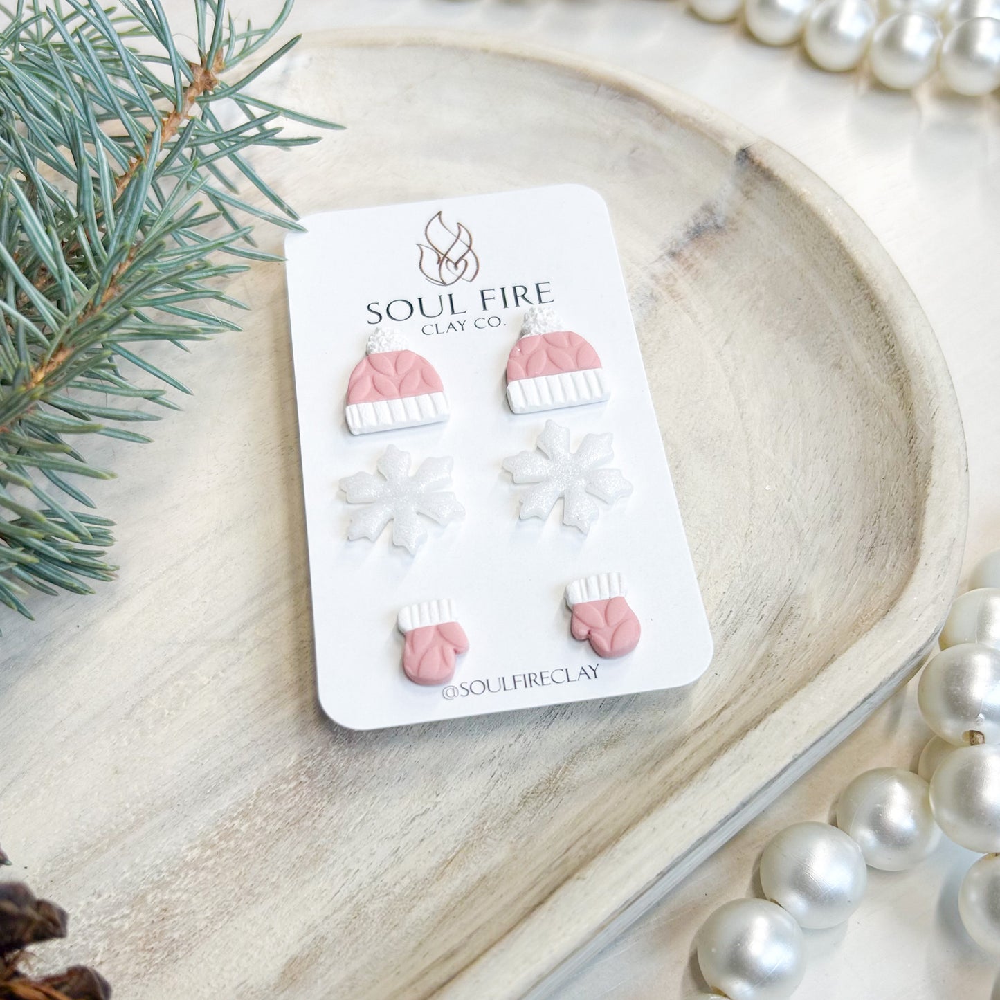 Pink Mittens, Hats & Snowflake - Stud Trio - Christmas Statement Earrings