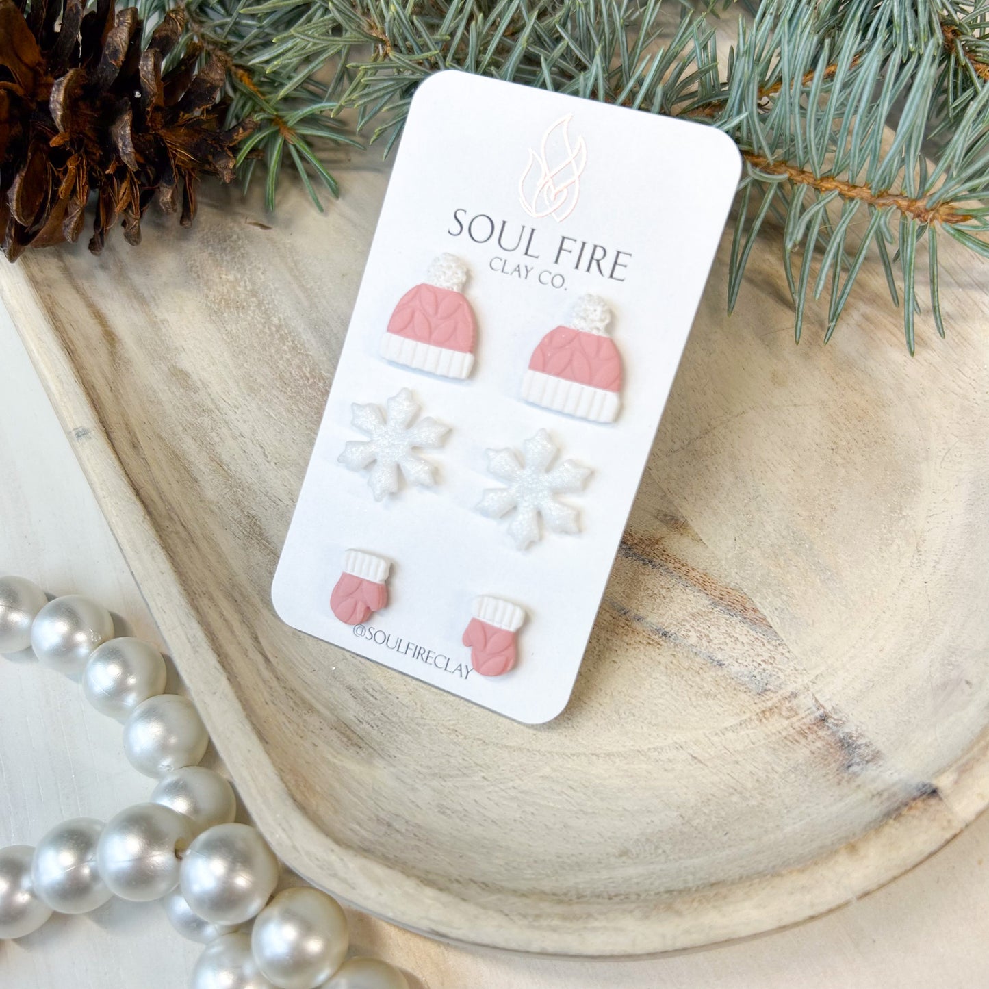 Pink Mittens, Hats & Snowflake - Stud Trio - Christmas Statement Earrings