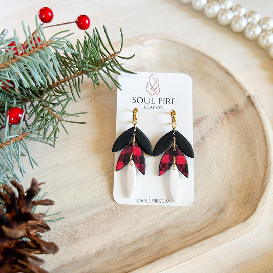 Buffalo Plaid Leaf Drop - Christmas Statement Earrings