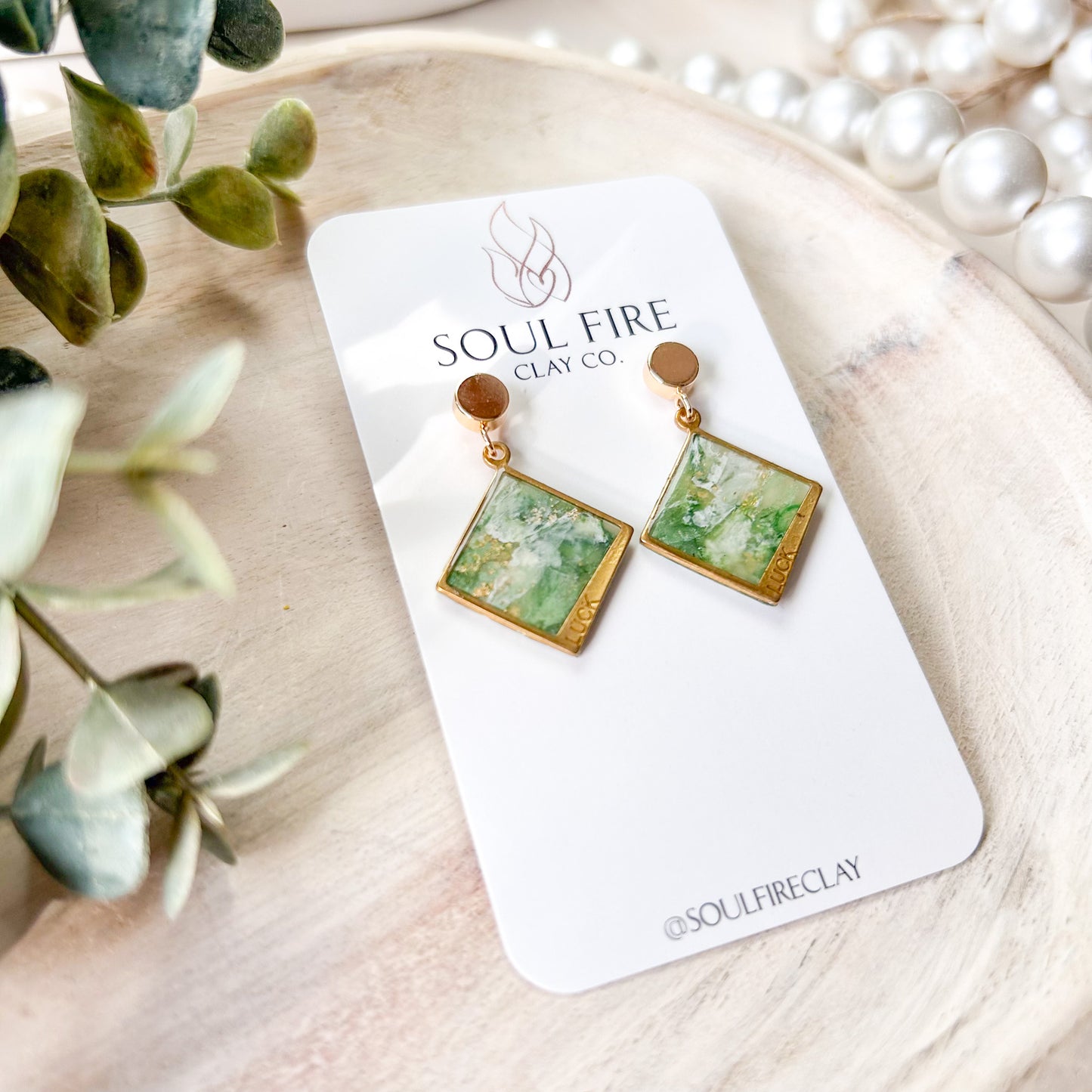 Green Marble "Luck" Diamond Statement Earrings