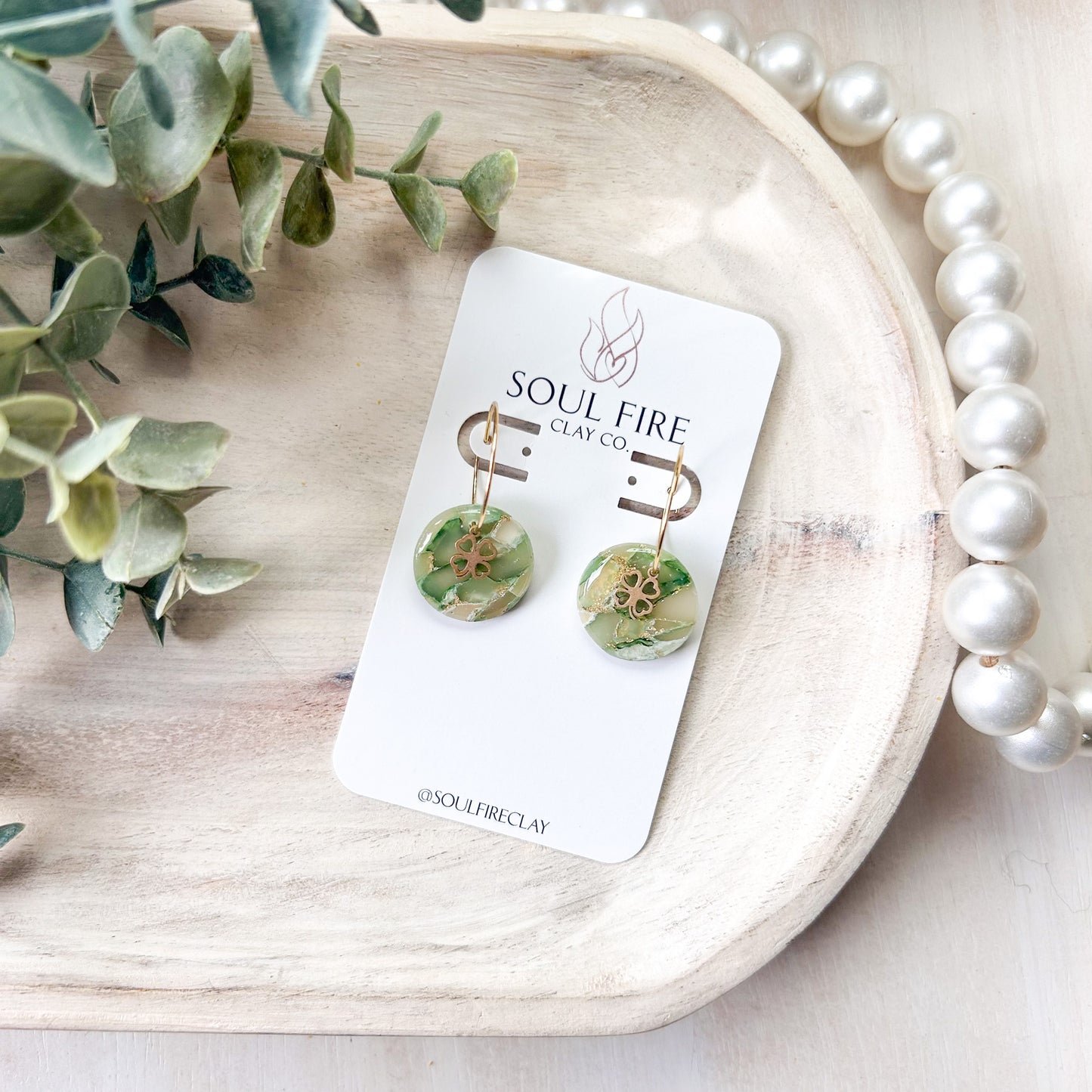 Green Marble Clover Circle Statement Earrings