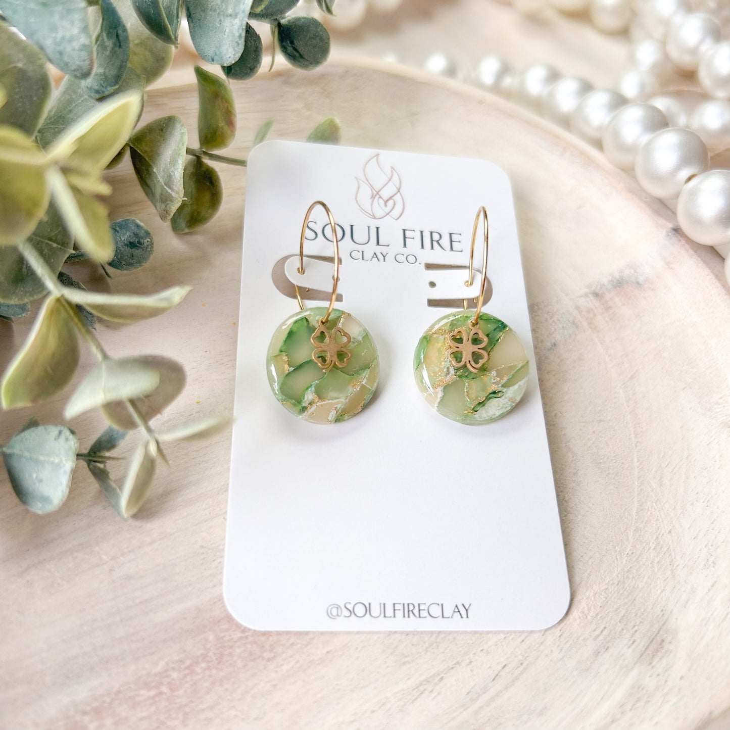 Green Marble Clover Circle Statement Earrings