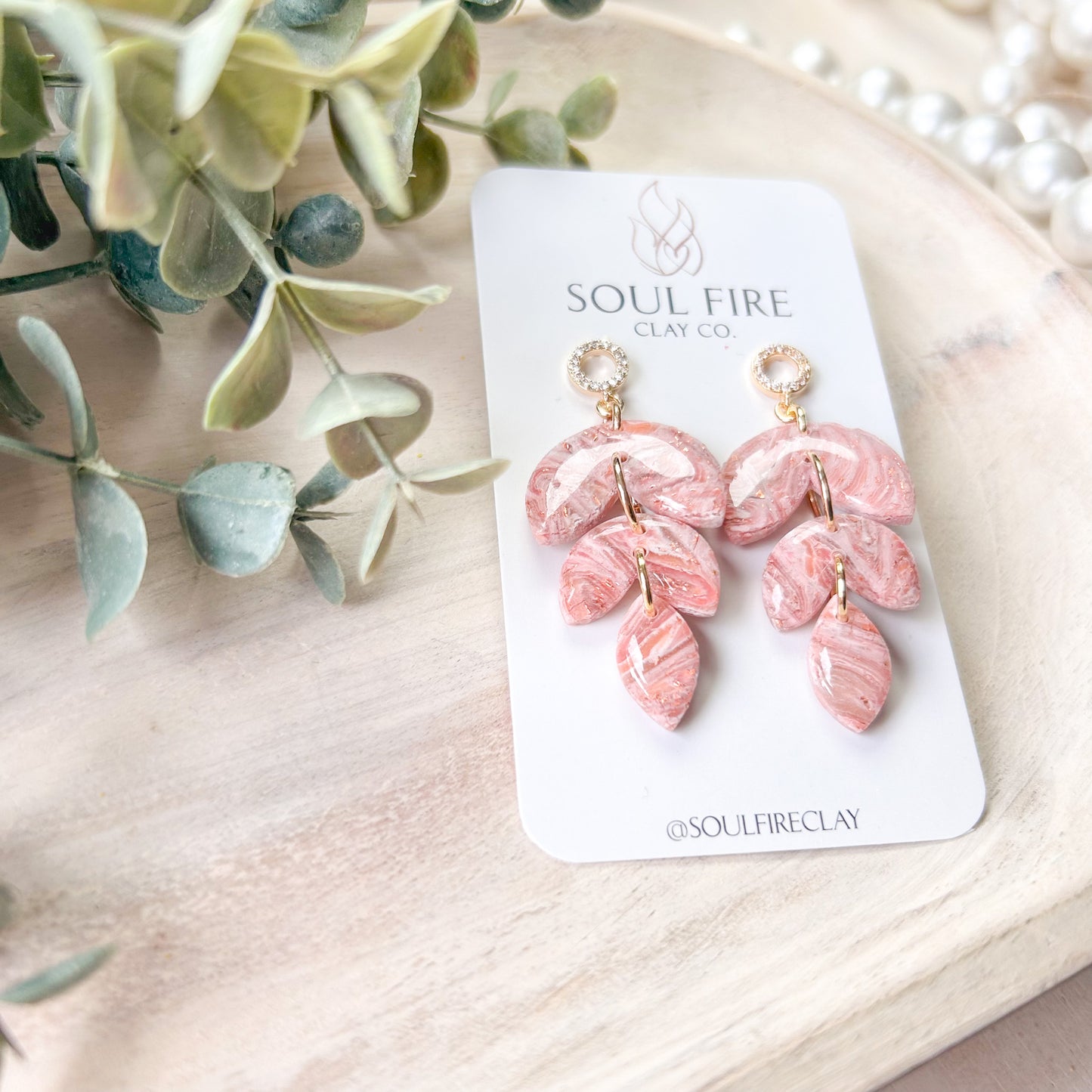 Rose Gold Leaf Drop Marbled Statement Earrings