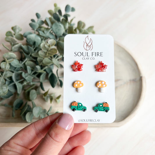 Maple Leaf, Mushroom & Truck Stud Trio - Fall - Statement Earrings