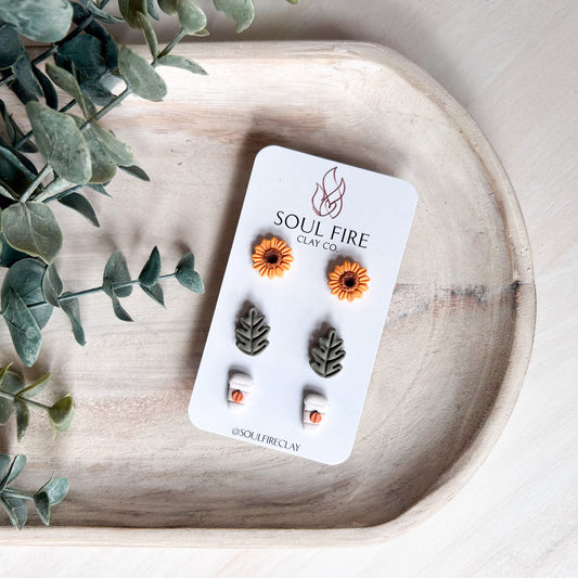 Sunflower, Leaf & PSL - Stud Trio - Fall - Statement Earrings