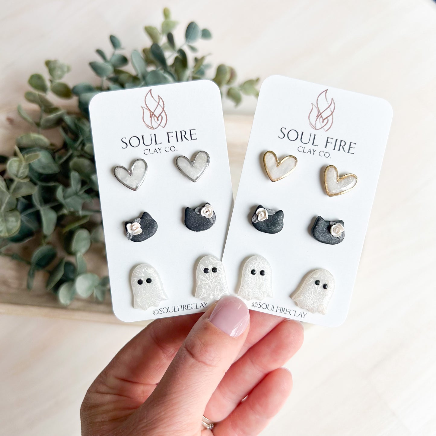 Ghost, Floral Cat & Marbled Heart Stud Trio - Fall/Halloween - Statement Earrings