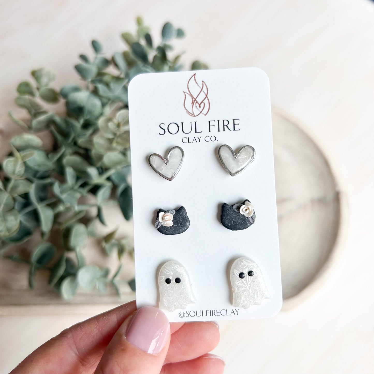 Ghost, Floral Cat & Marbled Heart Stud Trio - Fall/Halloween - Statement Earrings