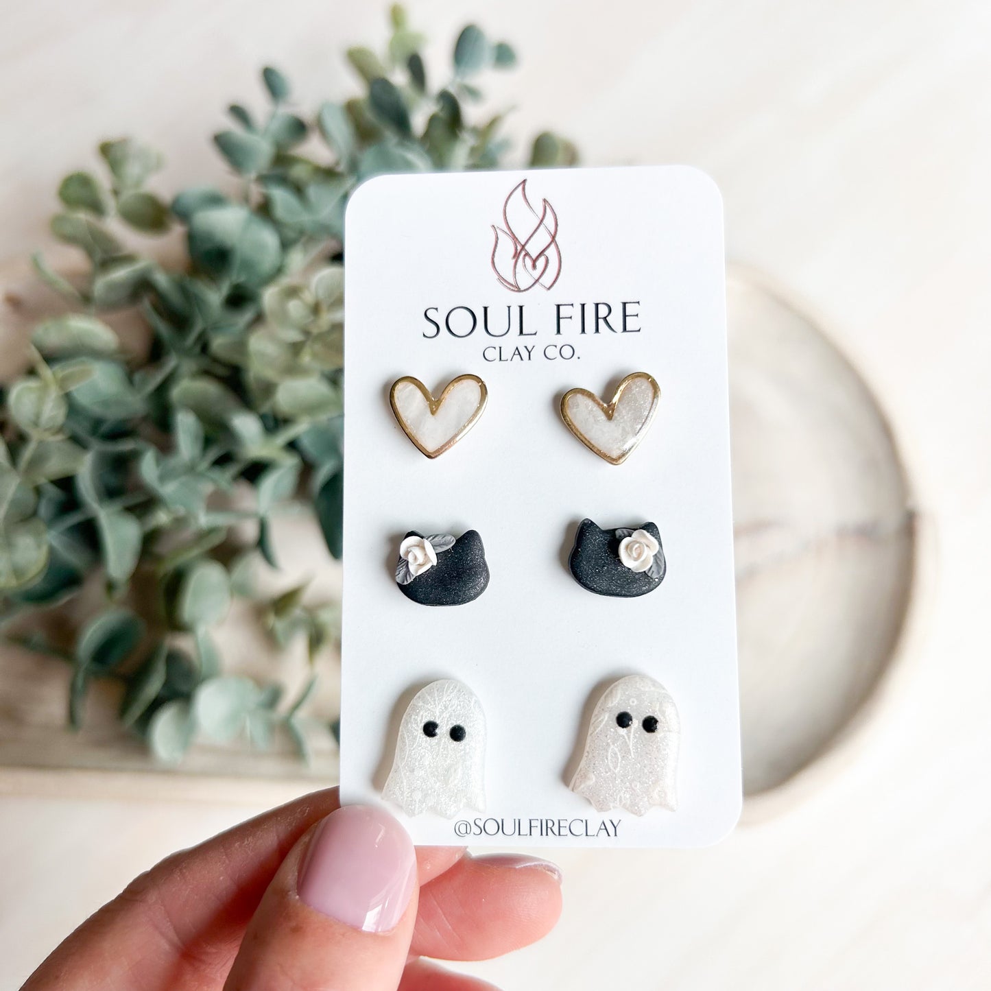 Ghost, Floral Cat & Marbled Heart Stud Trio - Fall/Halloween - Statement Earrings