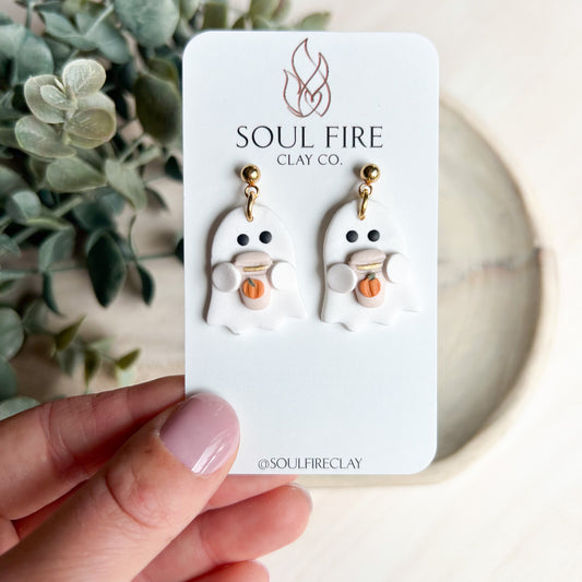 Ghost holding Pumpkin Spice Latte PSL - Statement Earrings