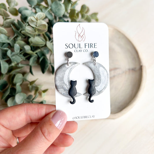 Cat Silhouette on Moon - Statement Earrings