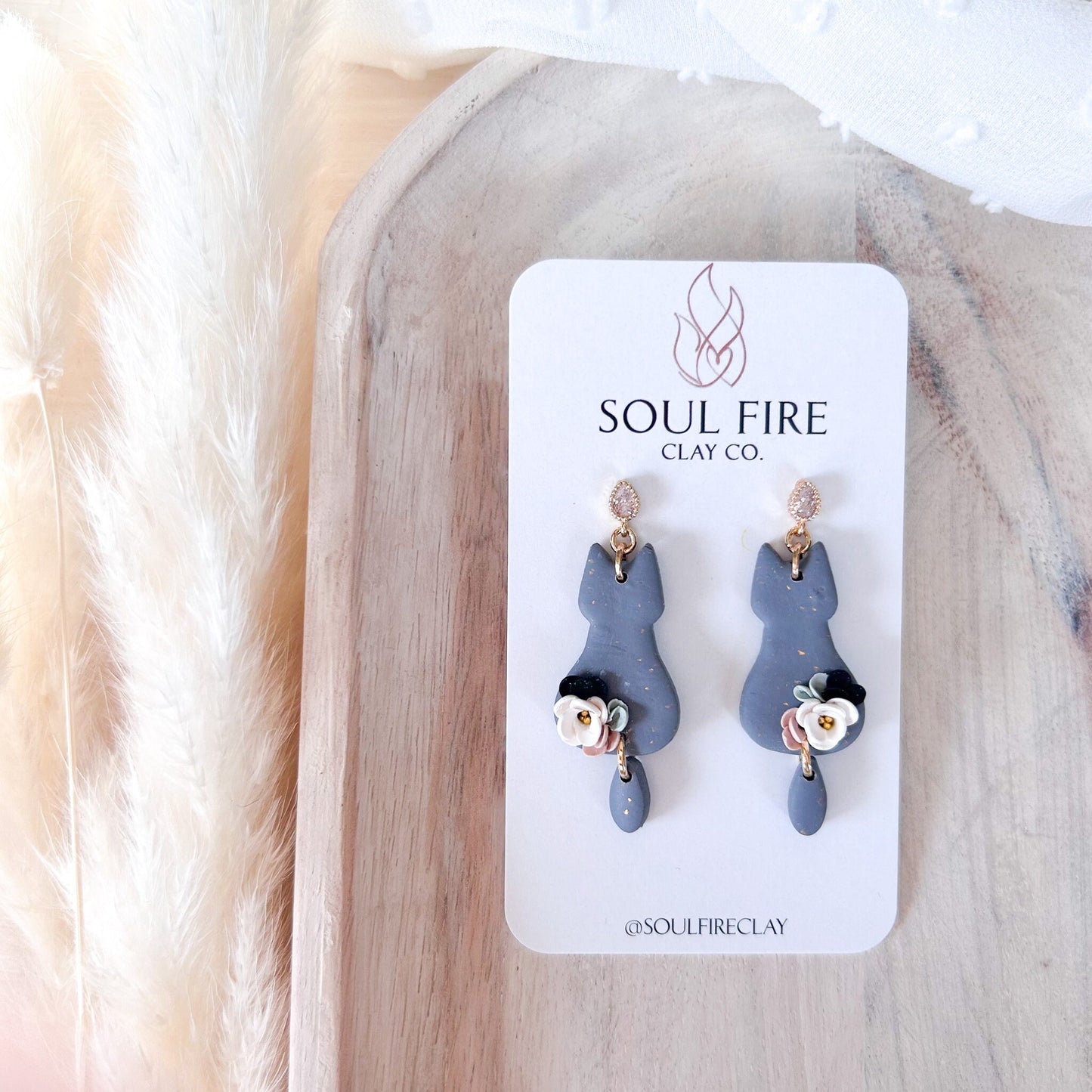 Floral Grey Cat statement Earrings