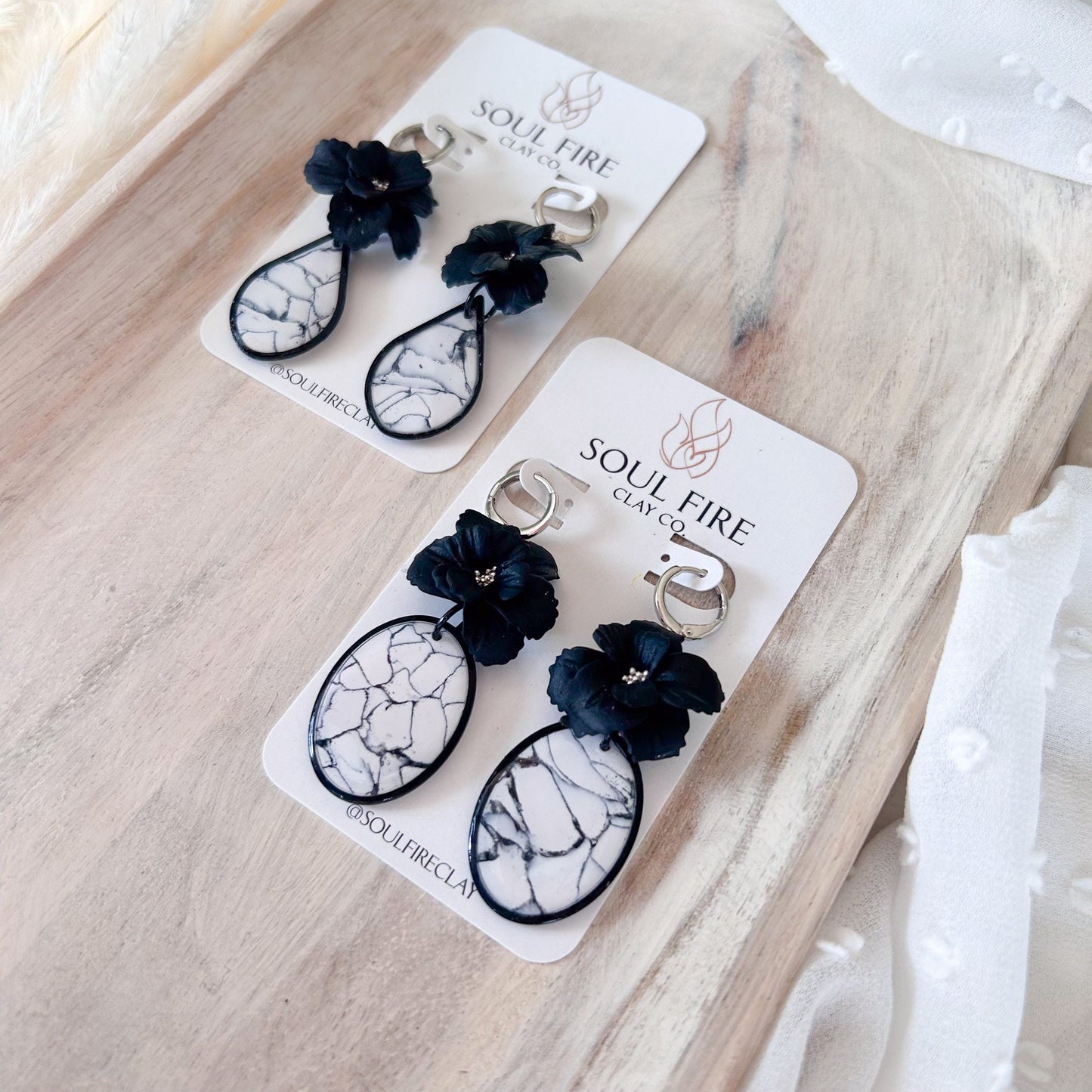 White & Black Marble Floral Stud statement Earrings
