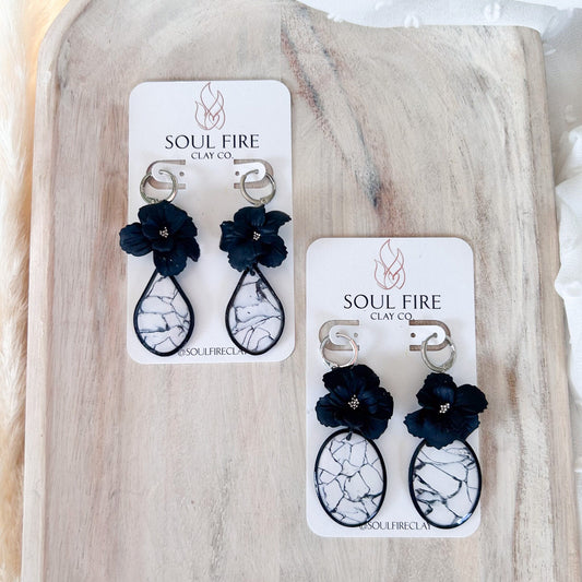 White & Black Marble Floral Stud statement Earrings