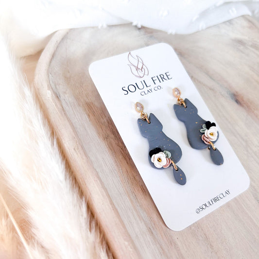Floral Grey Cat statement Earrings
